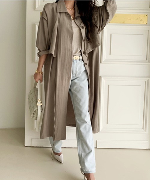 Jewelobe（ジュエローブ）の「レイヤード風ロングシャツジャケット（ワンピース対応）（ステンカラーコート・レディース・ブラック/アイボリー/モカ・FREE）」の14枚目の写真