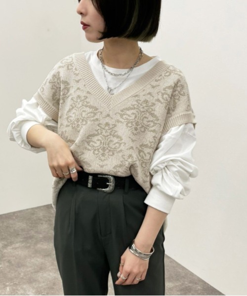 apres jour mignon(アプレジュールミニョン)の「ダマスク柄ニットベスト【ZOZOTOWN限定アイテム】(ベスト・レディース・アイボリー/ブラック/ライトベージュ・フリー/X-LARGE)」の6枚目の写真