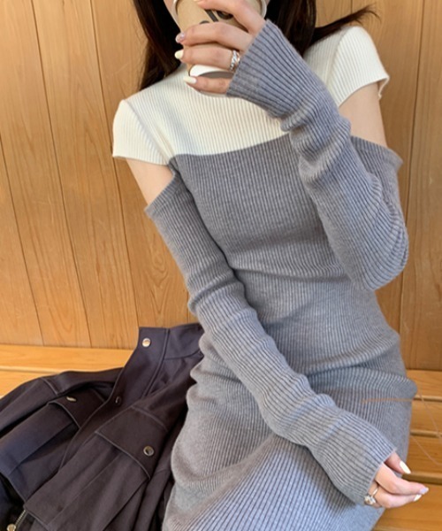 KOR（ケーオーアール）の「オープンショルダー バイカラーニットワンピース（ワンピース・レディース・ブラック/ベージュ/グレー・S/M/L）」の4枚目の写真
