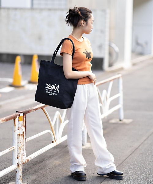 X-girl（エックスガール）の「MILLS LOGO TOTE BAG（トートバッグ・レディース・ホワイト/ブラック/ライトパープル・ONE SIZE）」の5枚目の写真