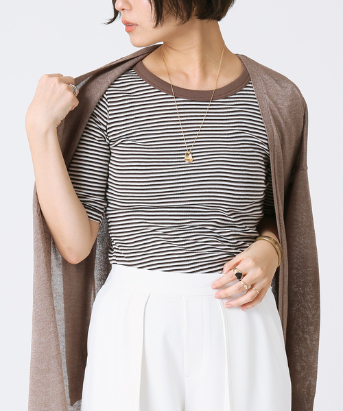 B.C STOCK（ベーセーストック）の「【Miller／ミラー】 パネルリブ ハーフスリーブT（Tシャツ/カットソー・レディース・ブラウン/ブルー/グリーン・FREE）」の2枚目の写真