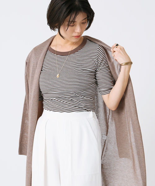 B.C STOCK（ベーセーストック）の「【Miller／ミラー】 パネルリブ ハーフスリーブT（Tシャツ/カットソー・レディース・ブラウン/ブルー/グリーン・FREE）」の4枚目の写真