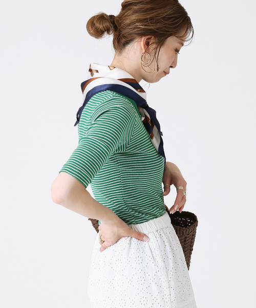 B.C STOCK（ベーセーストック）の「【Miller／ミラー】 パネルリブ ハーフスリーブT（Tシャツ/カットソー・レディース・ブラウン/ブルー/グリーン・FREE）」の10枚目の写真