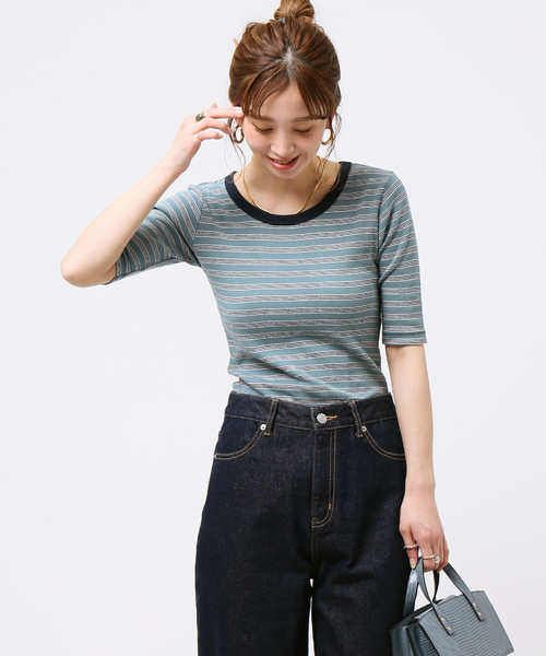 B.C STOCK（ベーセーストック）の「【Miller／ミラー】 パネルリブ ハーフスリーブT（Tシャツ/カットソー・レディース・ブラウン/ブルー/グリーン・FREE）」の12枚目の写真