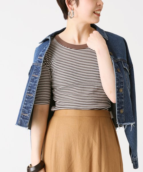 B.C STOCK（ベーセーストック）の「【Miller／ミラー】 パネルリブ ハーフスリーブT（Tシャツ/カットソー・レディース・ブラウン/ブルー/グリーン・FREE）」の15枚目の写真