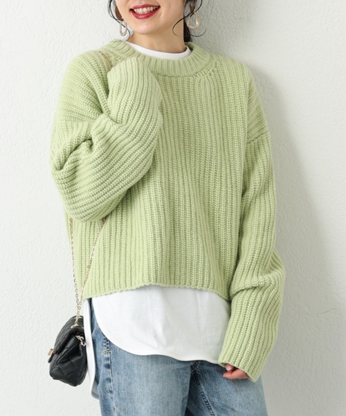 OUVRAGE CLASSE（ウヴラージュクラス）の「片畦ショートニット（ニット/セーター・レディース・オフホワイト/ブラック/ライトグリーン・FREE）」の3枚目の写真