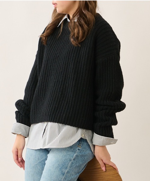 OUVRAGE CLASSE（ウヴラージュクラス）の「片畦ショートニット（ニット/セーター・レディース・オフホワイト/ブラック/ライトグリーン・FREE）」の2枚目の写真