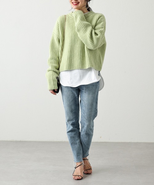 OUVRAGE CLASSE（ウヴラージュクラス）の「片畦ショートニット（ニット/セーター・レディース・オフホワイト/ブラック/ライトグリーン・FREE）」の10枚目の写真