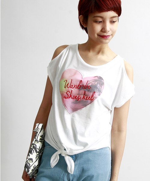 WEGO（ウィゴー）の「WEGO/ハート肩開き前結びTシャツ（Tシャツ/カットソー・レディース・ホワイト系その他/オフホワイト・FREE）」の2枚目の写真