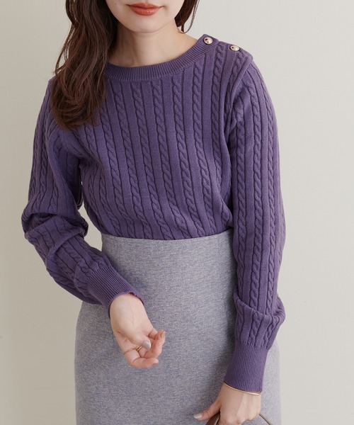 natural couture（ナチュラルクチュール）の「細ケーブル肩釦デザインニット（ニット/セーター・レディース・アイボリー/ベージュ/オレンジ/パープル/ブラック・FREE）」の11枚目の写真