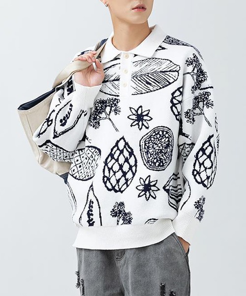 柄模様ニット ポロシャツ