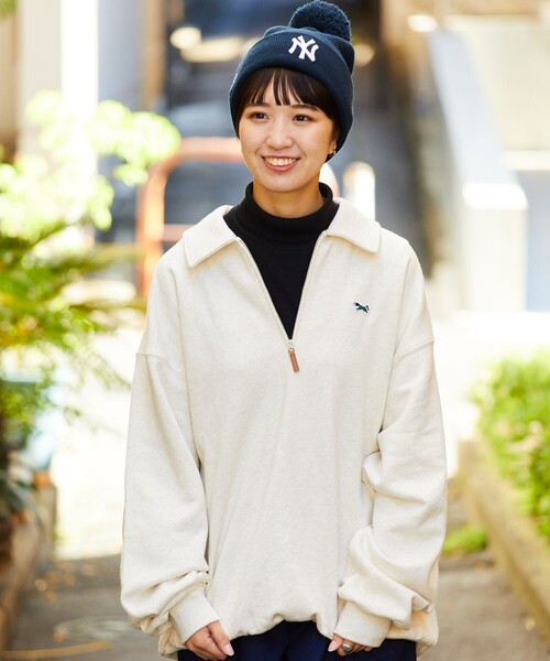 ホワイト×ピンク　リメイククロップドスウェット ハーフジップ（no3） KBF｜ハーフZIPリメイクスウェット | Rakuten Fashion(楽天