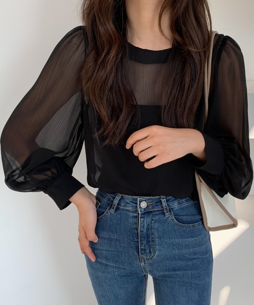 ECLIN（エクラン）の「ボリュームスリーブシアーブラウス（シャツ/ブラウス・レディース・ブラック/グレー/ベージュ/ホワイト・M/L）」の3枚目の写真