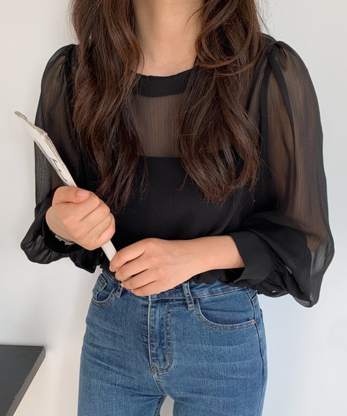 ECLIN（エクラン）の「ボリュームスリーブシアーブラウス（シャツ/ブラウス・レディース・ブラック/グレー/ベージュ/ホワイト・M/L）」の18枚目の写真