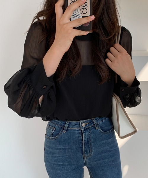 ECLIN（エクラン）の「ボリュームスリーブシアーブラウス（シャツ/ブラウス・レディース・ブラック/グレー/ベージュ/ホワイト・M/L）」の13枚目の写真