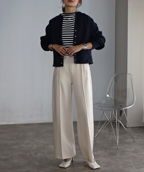 Bonjour Sagan（ボンジュールサガン）の「センタープレスストレッチワイドパンツ（スラックス・レディース・ブラウン/アイボリー/ブラック/ベージュ/グレー/ホワイト/グレイッシュベージュ/チャコールグレー・FREE）」の9枚目の写真