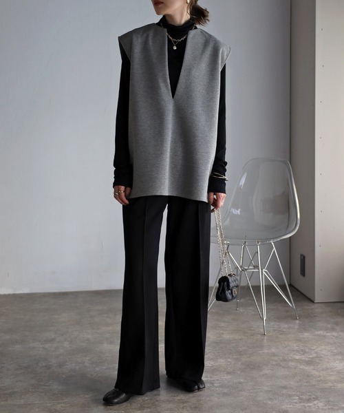 Bonjour Sagan（ボンジュールサガン）の「センタープレスストレッチワイドパンツ（スラックス・レディース・ブラウン/アイボリー/ブラック/ベージュ/グレー/ホワイト/グレイッシュベージュ/チャコールグレー・FREE）」の17枚目の写真