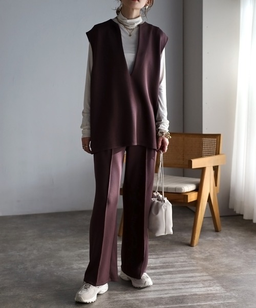 Bonjour Sagan（ボンジュールサガン）の「センタープレスストレッチワイドパンツ（スラックス・レディース・ブラウン/アイボリー/ブラック/ベージュ/グレー/ホワイト/グレイッシュベージュ/チャコールグレー・FREE）」の22枚目の写真