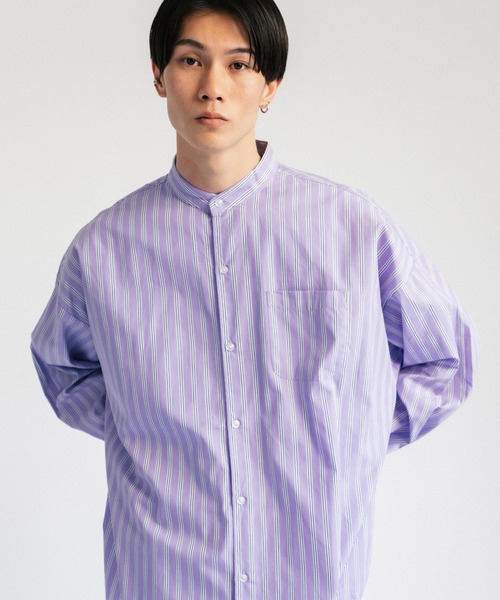 Ressaca(レサーカ)の「オーバーサイズ バンドカラーブロード長袖シャツ(シャツ/ブラウス・メンズ・サックスブルー/ライトグリーン/イエロー/ホワイト/ブルーグレー/ホワイト×ブルー/ブラック/ブラック×ホワイト/パープル・M/L/XL)」の9枚目の写真