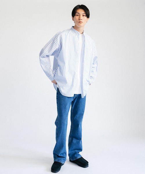 Ressaca(レサーカ)の「オーバーサイズ バンドカラーブロード長袖シャツ(シャツ/ブラウス・メンズ・サックスブルー/ライトグリーン/イエロー/ホワイト/ブルーグレー/ホワイト×ブルー/ブラック/ブラック×ホワイト/パープル・M/L/XL)」の14枚目の写真