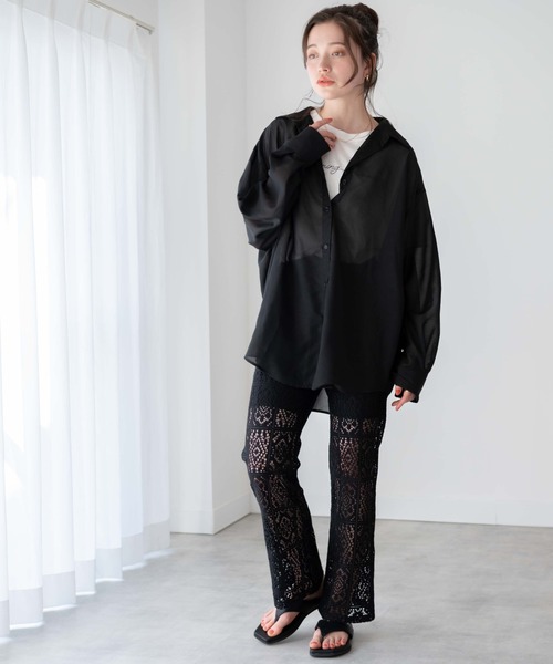 WEGO（ウィゴー）の「WEGO/【セットアップ対応】レースセミフレアパンツ（スラックス・レディース・ブラック/ホワイト・FREE）」の4枚目の写真