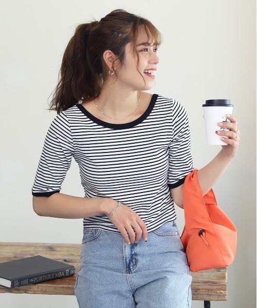 ad thie(アドティエ)の「前後2WAY リブニット スクエアカラーちびTee(Tシャツ/カットソー・レディース・ブルー/ホワイト/オフホワイト/ブラック/グリーン・FREE)」の14枚目の写真