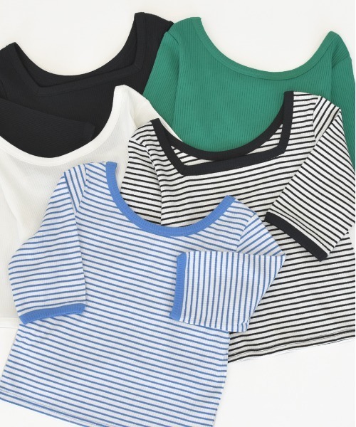 ad thie(アドティエ)の「前後2WAY リブニット スクエアカラーちびTee(Tシャツ/カットソー・レディース・ブルー/ホワイト/オフホワイト/ブラック/グリーン・FREE)」の9枚目の写真