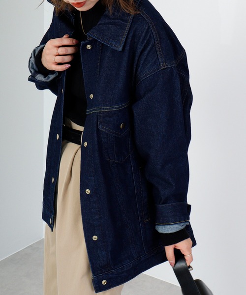 hunch（ハンチ）の「hunch 10.5ozデニム　BIGカラーオーバーGジャン（デニムジャケット・レディース・ネイビー・FREE）」の3枚目の写真