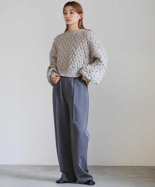 select MOCA(セレクトモカ)の「ヘリンボーンアランショートニット(ニット/セーター・レディース・ダークグレー/ダークカーキ/グレイッシュベージュ/ターメリック・FREE)」の7枚目の写真