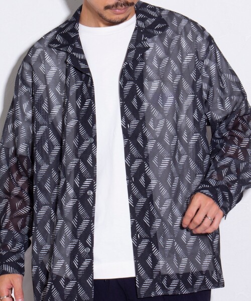 GLOSTER（グロスター）の「【GLOSTER/グロスター】ジオメトリック柄 オープンカラーシャツ メッシュシャツ（シャツ/ブラウス・メンズ・ボルドー/ブラック/グリーン/ネイビー・S/M/L）」の2枚目の写真