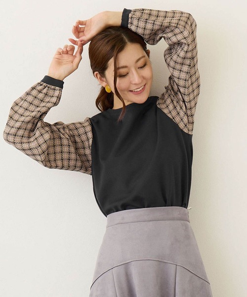 NICOLE white（ニコルホワイト）の「袖チェックプルオーバー（Tシャツ/カットソー・レディース・オフホワイト/ネイビー/ブラック・FREE）」の3枚目の写真