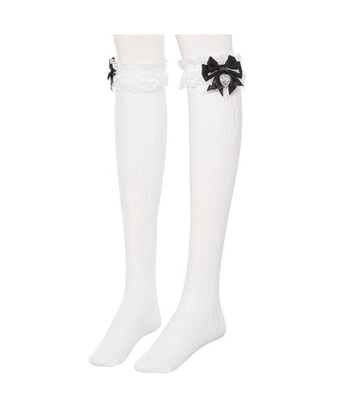 DearMyLove（ディアマイラブ）の「ハートパールビジューリボンレースハイソックス（ソックス/靴下・レディース・ホワイト/ブラック×ホワイト/ホワイト×ブラック/ブラック・FREE）」の3枚目の写真