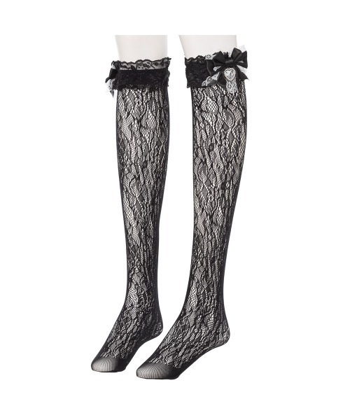 DearMyLove（ディアマイラブ）の「ハートパールビジューリボンレースハイソックス（ソックス/靴下・レディース・ホワイト/ブラック×ホワイト/ホワイト×ブラック/ブラック・FREE）」の2枚目の写真