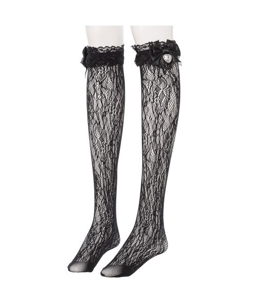 DearMyLove（ディアマイラブ）の「ハートパールビジューリボンレースハイソックス（ソックス/靴下・レディース・ホワイト/ブラック×ホワイト/ホワイト×ブラック/ブラック・FREE）」の4枚目の写真