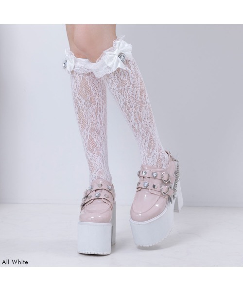 DearMyLove（ディアマイラブ）の「ハートパールビジューリボンレースハイソックス（ソックス/靴下・レディース・ホワイト/ブラック×ホワイト/ホワイト×ブラック/ブラック・FREE）」の7枚目の写真