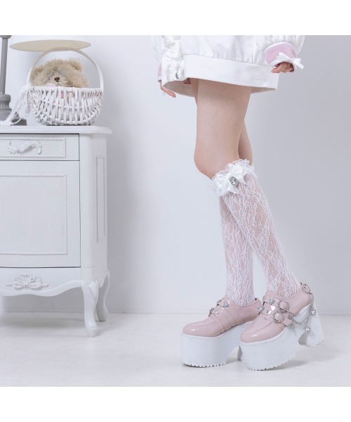 DearMyLove（ディアマイラブ）の「ハートパールビジューリボンレースハイソックス（ソックス/靴下・レディース・ホワイト/ブラック×ホワイト/ホワイト×ブラック/ブラック・FREE）」の8枚目の写真