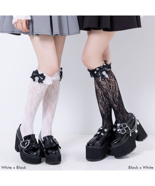 DearMyLove（ディアマイラブ）の「ハートパールビジューリボンレースハイソックス（ソックス/靴下・レディース・ホワイト/ブラック×ホワイト/ホワイト×ブラック/ブラック・FREE）」の13枚目の写真