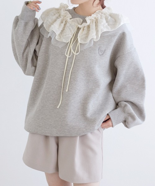 w closet(ダブルクローゼット)の「【SETアイテム】フリル衿付き裏起毛プルオーバー(スウェット・レディース・オートミール/グレー/スミクロ/イエロー/サックスブルー・FREE)」の3枚目の写真