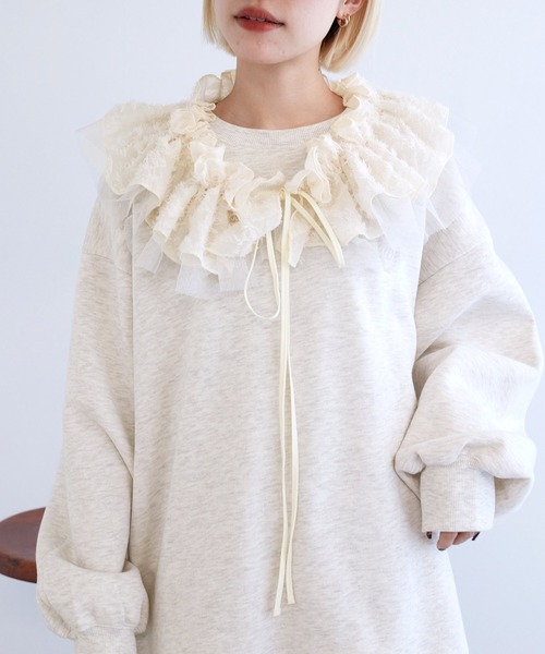 w closet(ダブルクローゼット)の「【SETアイテム】フリル衿付き裏起毛プルオーバー(スウェット・レディース・オートミール/グレー/スミクロ/イエロー/サックスブルー・FREE)」の14枚目の写真