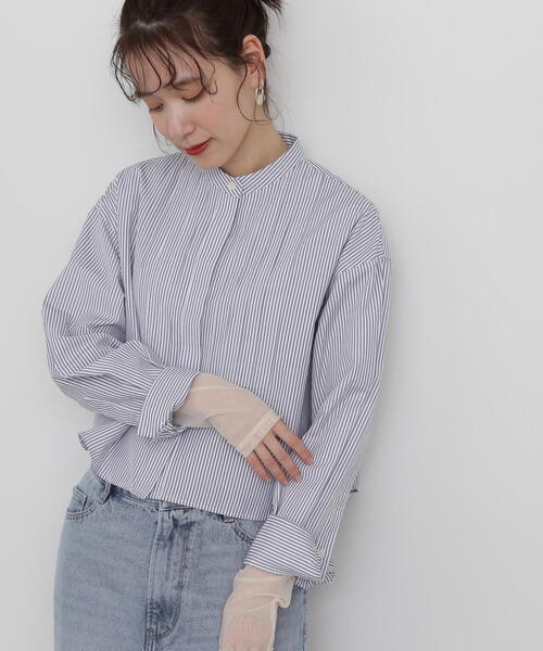 N.(N. Natural Beauty Basic)(エヌエヌナチュラルビューティーベーシック)の「◆ブザムピンタッククロップドシャツ(シャツ/ブラウス・レディース・ブルー/オフホワイト/ストライプ・MEDIUM)」の12枚目の写真