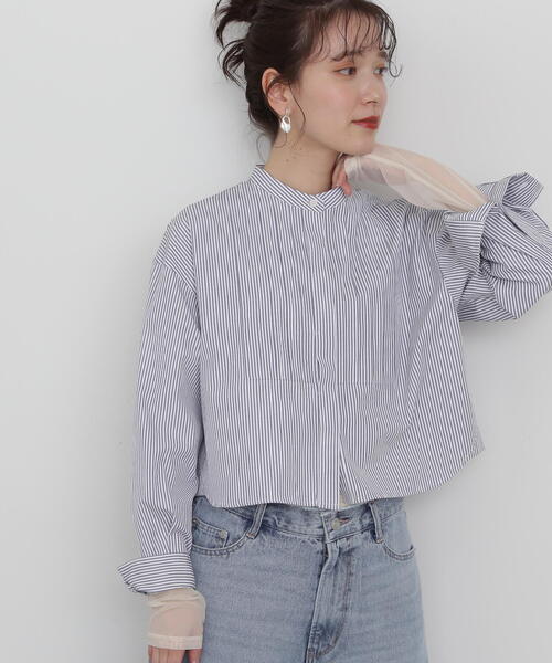 N.(N. Natural Beauty Basic)(エヌエヌナチュラルビューティーベーシック)の「◆ブザムピンタッククロップドシャツ(シャツ/ブラウス・レディース・ブルー/オフホワイト/ストライプ・MEDIUM)」の13枚目の写真