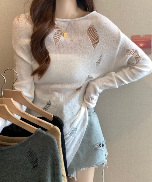 セール】ダメージアンバランスニットプルオーバー（ニット/セーター