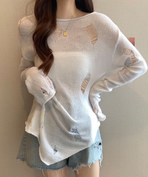 セール】ダメージアンバランスニットプルオーバー（ニット/セーター