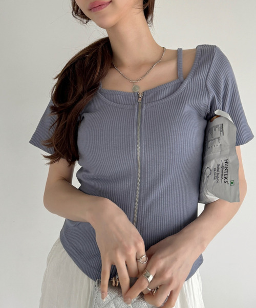 セール】キャミレイヤード風 ダブルジップ リブ タイト トップス