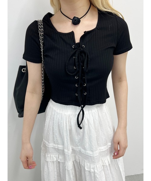 PHILLY（フィリー）の「【大人気★再販】コンパクトレースアップT（Tシャツ/カットソー・レディース・ホワイト/ブラック/ピンク・FREE）」の22枚目の写真