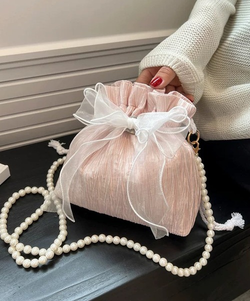 shopnikoniko(ショップニコニコ)の「浴衣 バッグ 巾着バッグ ショルダー ミニ カバン 結婚式 バッグ レース リボン パール 巾着 ショルダーバッグ(ショルダーバッグ・レディース・ホワイト/ブラック/ピンク・フリー)」の3枚目の写真