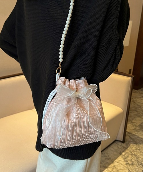 shopnikoniko(ショップニコニコ)の「浴衣 バッグ 巾着バッグ ショルダー ミニ カバン 結婚式 バッグ レース リボン パール 巾着 ショルダーバッグ(ショルダーバッグ・レディース・ホワイト/ブラック/ピンク・フリー)」の15枚目の写真