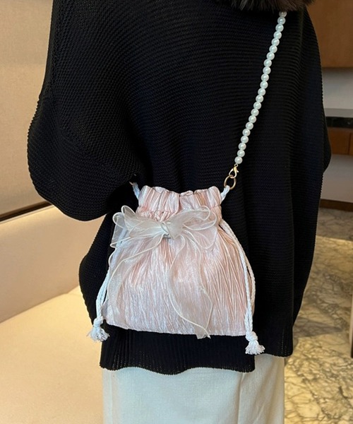 shopnikoniko(ショップニコニコ)の「浴衣 バッグ 巾着バッグ ショルダー ミニ カバン 結婚式 バッグ レース リボン パール 巾着 ショルダーバッグ(ショルダーバッグ・レディース・ホワイト/ブラック/ピンク・フリー)」の16枚目の写真