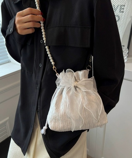 shopnikoniko(ショップニコニコ)の「浴衣 バッグ 巾着バッグ ショルダー ミニ カバン 結婚式 バッグ レース リボン パール 巾着 ショルダーバッグ(ショルダーバッグ・レディース・ホワイト/ブラック/ピンク・フリー)」の4枚目の写真
