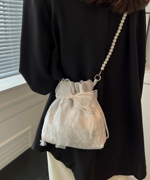 shopnikoniko(ショップニコニコ)の「浴衣 バッグ 巾着バッグ ショルダー ミニ カバン 結婚式 バッグ レース リボン パール 巾着 ショルダーバッグ(ショルダーバッグ・レディース・ホワイト/ブラック/ピンク・フリー)」の6枚目の写真